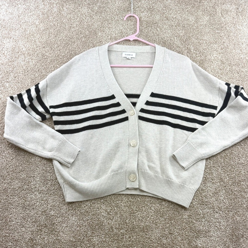 Evereve Womens Beige Black Striped V-Neck Cardigan Sweater M Nautical Preppy Med